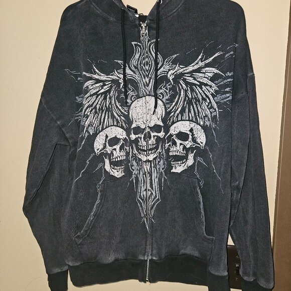 Social Collision Skull Black Faded Y2K Inspired Hooded Jacket - Picture 1 of 4